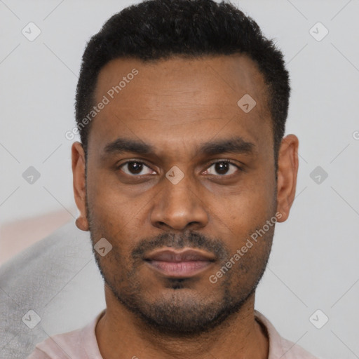 Neutral black young-adult male with short  black hair and brown eyes