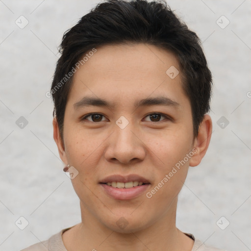 Joyful asian young-adult male with short  brown hair and brown eyes