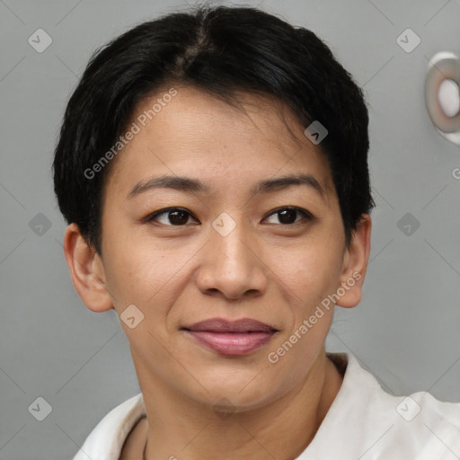 Joyful asian young-adult female with short  brown hair and brown eyes