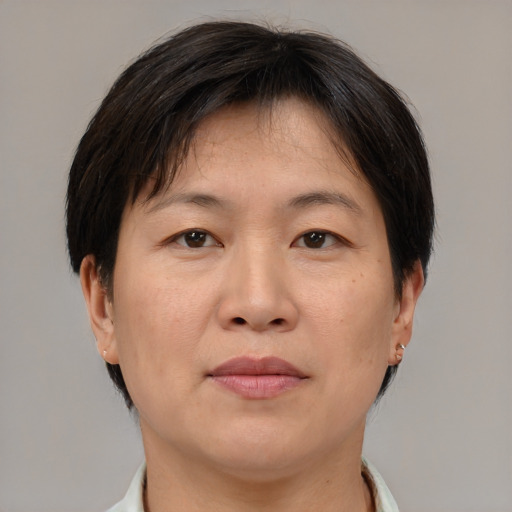 Joyful asian adult female with medium  brown hair and brown eyes
