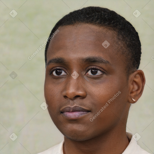 Neutral black young-adult male with short  black hair and brown eyes