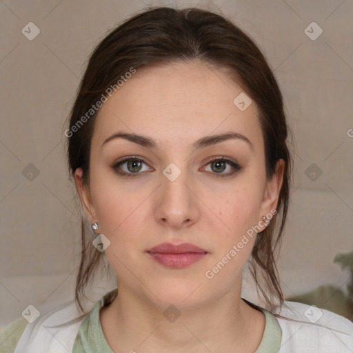 Neutral white young-adult female with medium  brown hair and brown eyes