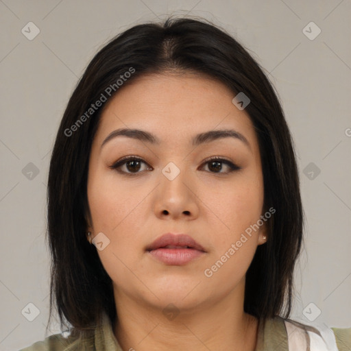 Neutral asian young-adult female with medium  brown hair and brown eyes