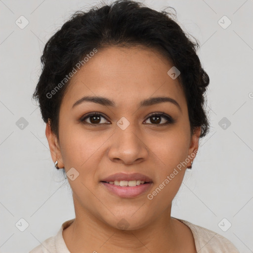 Joyful latino young-adult female with short  brown hair and brown eyes