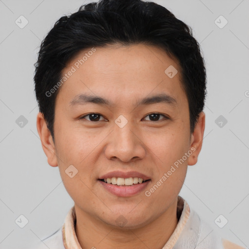 Joyful asian young-adult male with short  brown hair and brown eyes