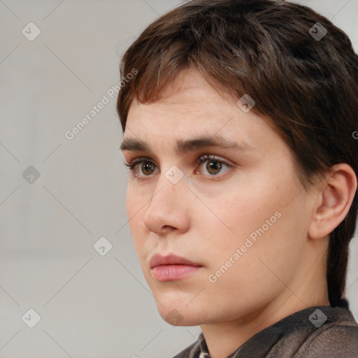 Neutral white young-adult female with short  brown hair and brown eyes