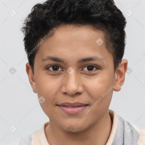 Joyful latino young-adult male with short  brown hair and brown eyes