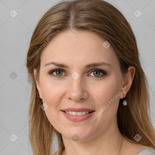 Joyful white young-adult female with long  brown hair and grey eyes