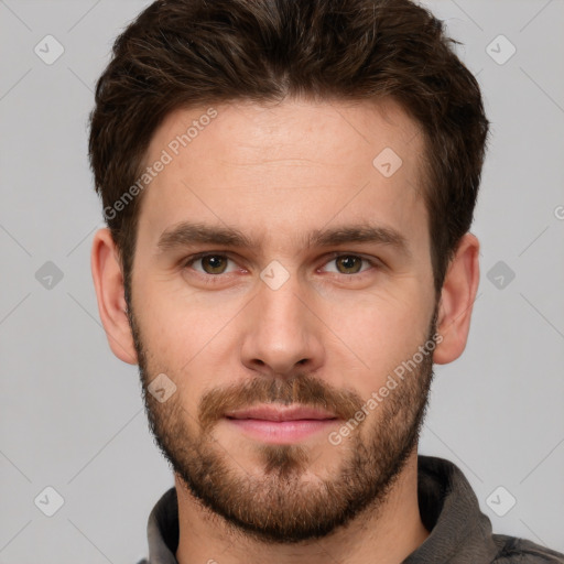 Neutral white young-adult male with short  brown hair and grey eyes