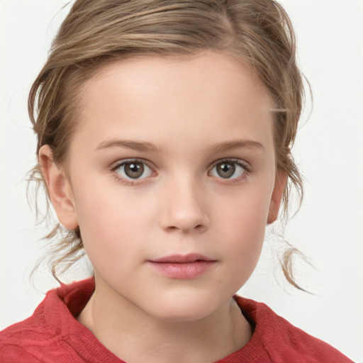 Neutral white child female with medium  brown hair and grey eyes