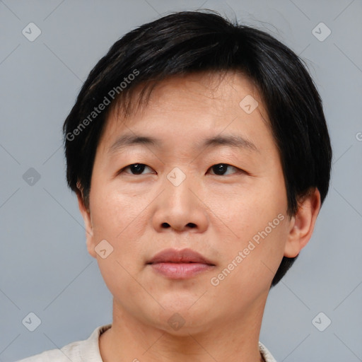 Neutral asian young-adult male with short  black hair and brown eyes