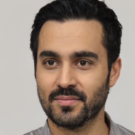 Neutral latino young-adult male with short  black hair and brown eyes