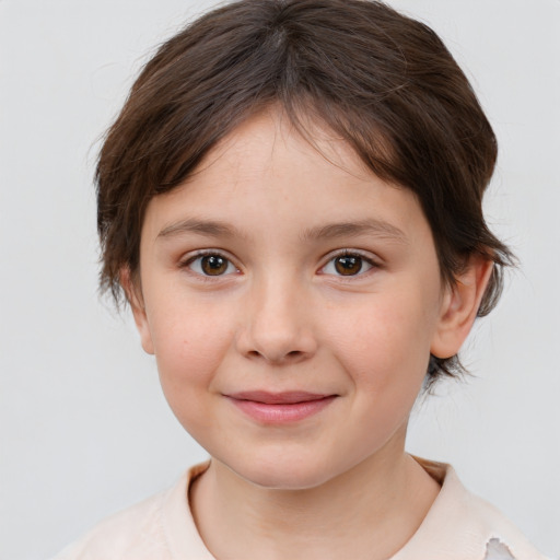 Joyful white child female with medium  brown hair and brown eyes