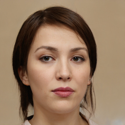 Neutral white young-adult female with medium  brown hair and brown eyes