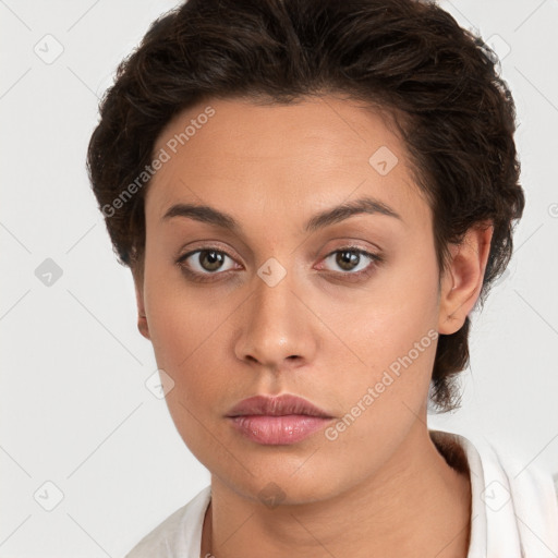 Neutral white young-adult female with short  brown hair and brown eyes