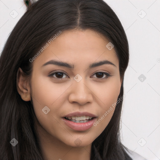 Joyful asian young-adult female with long  brown hair and brown eyes