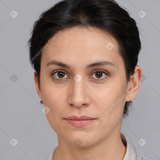 Neutral white young-adult female with short  brown hair and brown eyes