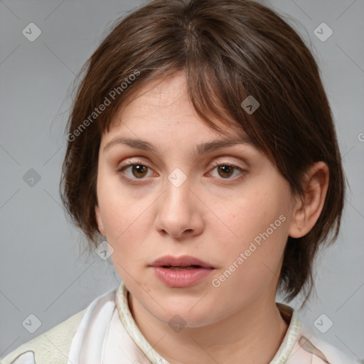 Neutral white young-adult female with medium  brown hair and brown eyes