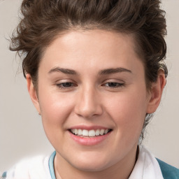 Joyful white young-adult female with medium  brown hair and brown eyes