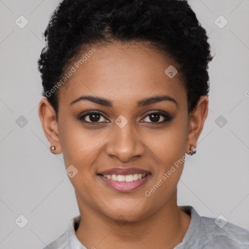 Joyful black young-adult female with short  brown hair and brown eyes