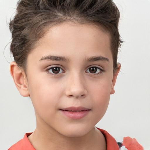 Joyful white child female with short  brown hair and brown eyes