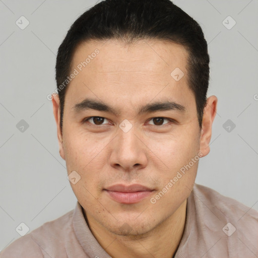 Neutral asian young-adult male with short  brown hair and brown eyes