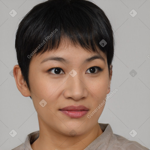 Joyful asian young-adult female with short  brown hair and brown eyes