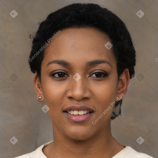 Joyful latino young-adult female with short  black hair and brown eyes