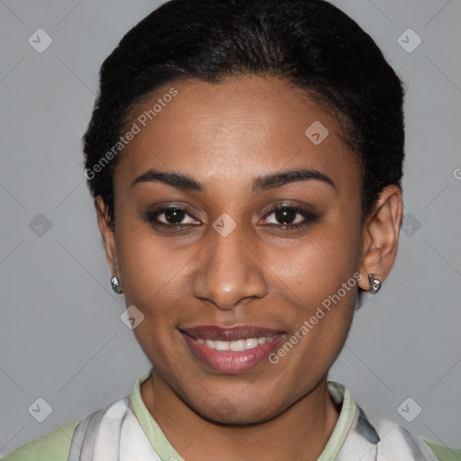 Joyful latino young-adult female with short  black hair and brown eyes