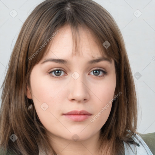 Neutral white young-adult female with medium  brown hair and brown eyes