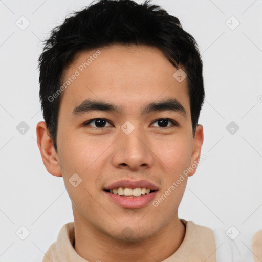 Joyful asian young-adult male with short  brown hair and brown eyes