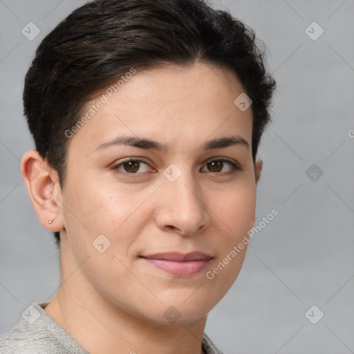 Joyful white young-adult female with short  brown hair and brown eyes