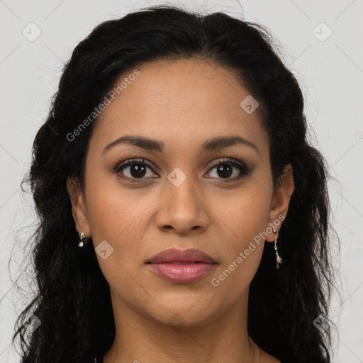 Joyful latino young-adult female with long  brown hair and brown eyes