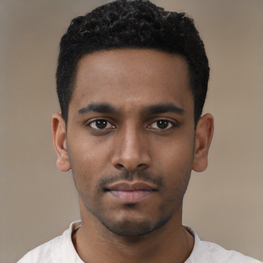 Neutral black young-adult male with short  black hair and brown eyes