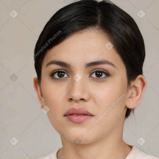 Neutral white young-adult female with medium  brown hair and brown eyes