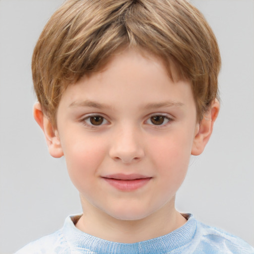 Joyful white child male with short  brown hair and brown eyes