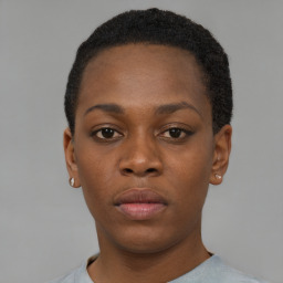 Neutral black young-adult female with short  black hair and brown eyes