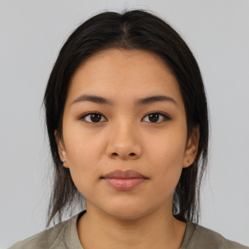 Neutral asian young-adult female with medium  black hair and brown eyes
