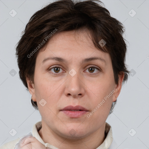 Neutral white young-adult female with short  brown hair and brown eyes