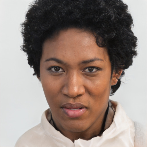 Neutral black young-adult female with short  black hair and brown eyes
