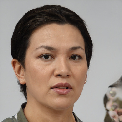 Neutral white adult female with medium  brown hair and brown eyes