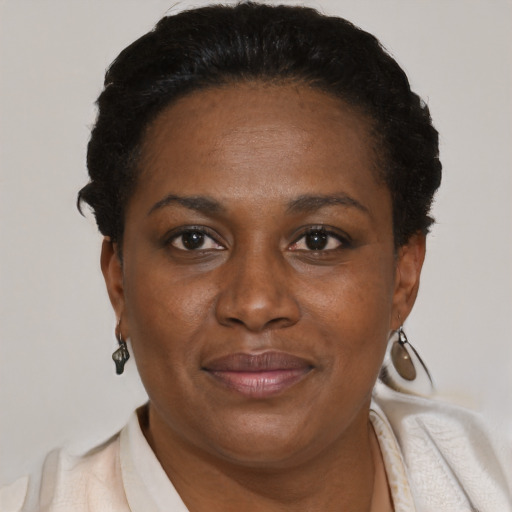 Joyful black adult female with short  brown hair and brown eyes