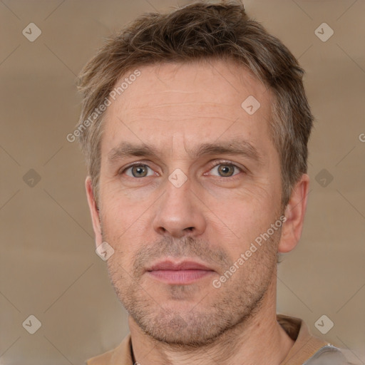 Neutral white adult male with short  brown hair and grey eyes