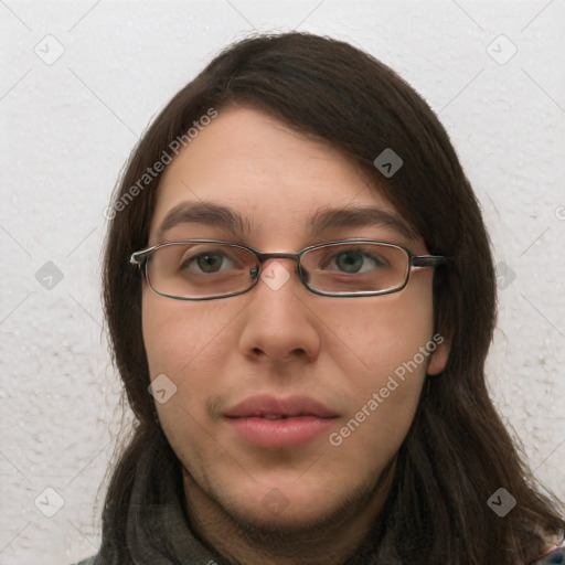 Neutral white young-adult female with long  brown hair and brown eyes