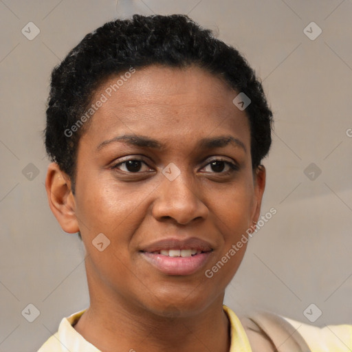 Joyful black young-adult female with short  brown hair and brown eyes