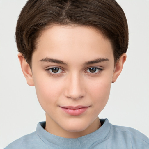 Joyful white child female with short  brown hair and brown eyes