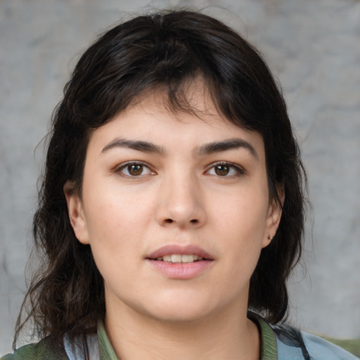 Neutral asian young-adult female with medium  brown hair and brown eyes
