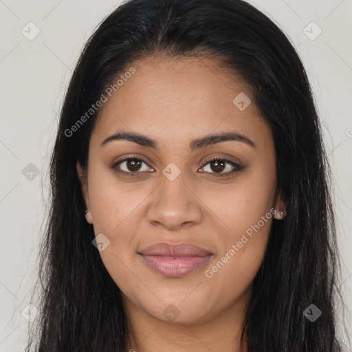 Joyful latino young-adult female with long  brown hair and brown eyes