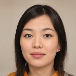 Neutral asian young-adult female with medium  brown hair and brown eyes