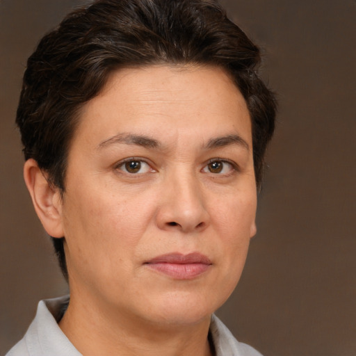 Neutral white adult female with short  brown hair and brown eyes
